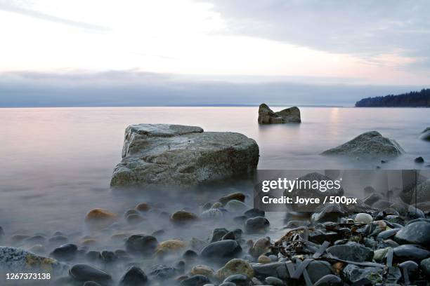 moody sunrise over sea, white rock, canada - white rock bc stock pictures, royalty-free photos & images