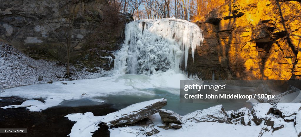 Winter Landscape Of Frozen Waterfall, Columbus, Ohio, United States
