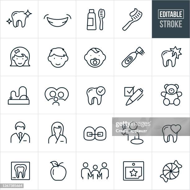 pädiatrische zahnmedizin dünne linie icons - editierbare schlaganfall - pediatric dentistry stock-grafiken, -clipart, -cartoons und -symbole