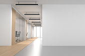 White Open Space Office with Empty Wall and White Windows