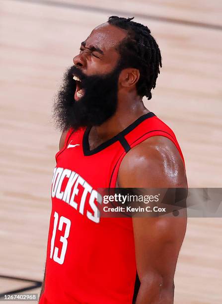 James Harden of the Houston Rockets reacts to his three point basket during the fourth quarter against the Oklahoma City Thunder in Game Two of the...