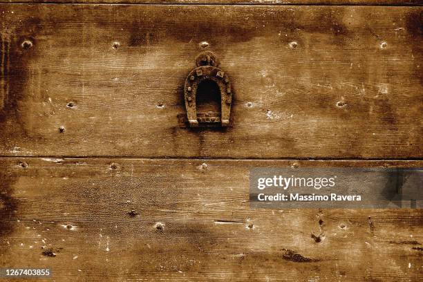 the old wooden door. - horseshoes stockfoto's en -beelden