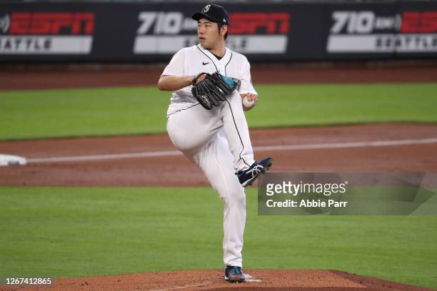 Yusei Kikuchi of the Seattle Mariners pitches against the Los Angeles Dodgers in the second inning at T-Mobile Park on August 20, 2020 in Seattle,...