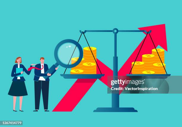 currency trade financial leverage, business development and balance - weight scale stock illustrations