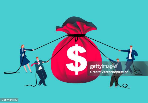 four businessmen used ropes to tighten their money bags, economic austerity, reduced income, economic crisis - politician money stock illustrations