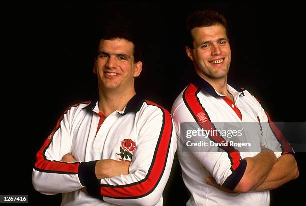 Portrait of English Locks Martin Bayfield and Martin Johnson relaxed and smiling. \ Mandatory Credit: David Rogers/Allsport