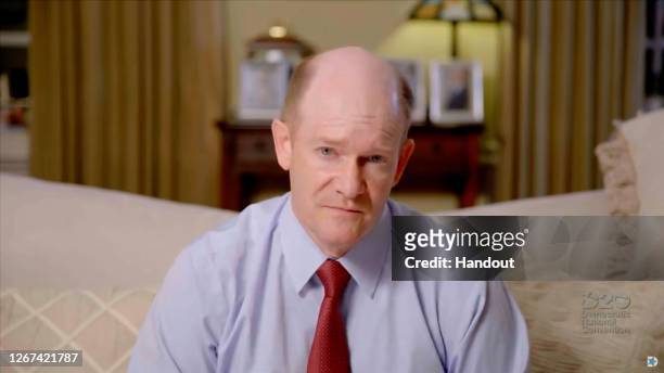 In this screenshot from the DNCC’s livestream of the 2020 Democratic National Convention, Sen. Chris Coons addresses the virtual convention on August...