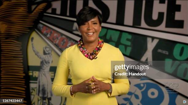 In this screenshot from the DNCC’s livestream of the 2020 Democratic National Convention, Mayor of Atlanta Keisha Lance Bottoms addresses the virtual...