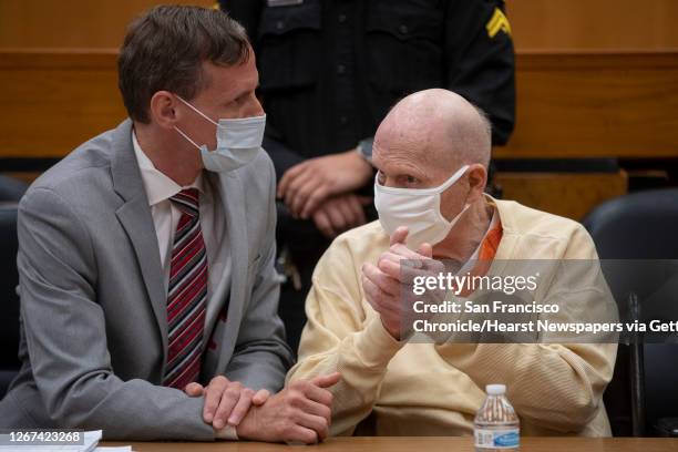 Joseph James DeAngelo speaks with public defender Joseph Cress at the end of the second day of victim impact statements at the Gordon D. Schaber...