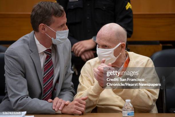 Joseph James DeAngelo speaks with public defender Joseph Cress at the end of the second day of victim impact statements at the Gordon D. Schaber...