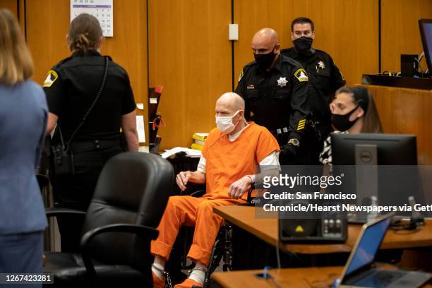 Joseph James DeAngelo is brought back to the courtroom after a break to continue the first day of victim impact statements at the Gordon D. Schaber...
