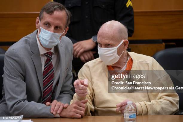 Joseph James DeAngelo speaks with public defender Joseph Cress at the end of the second day of victim impact statements at the Gordon D. Schaber...