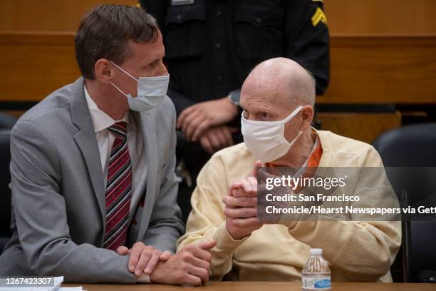 Joseph James DeAngelo speaks with public defender Joseph Cress at the end of the second day of victim impact statements at the Gordon D. Schaber...