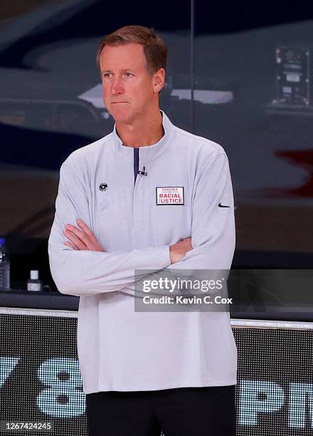 Terry Stotts of the Portland Trail Blazers during the second quarter against the Los Angeles Lakers in Game Two of the Western Conference First Round...