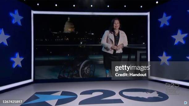 In this screenshot from the DNCC’s livestream of the 2020 Democratic National Convention, Sen. Tammy Duckworth addresses the virtual convention on...