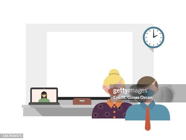online meeting at school - protective face shield stock illustrations