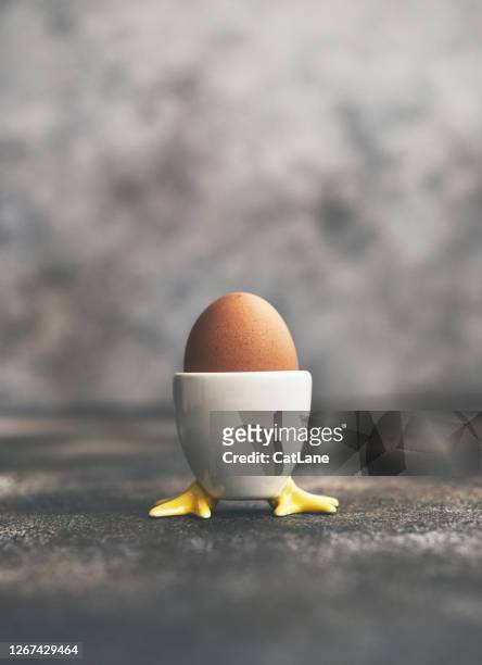 stillleben bild eines braunen eis in einem eierbecher mit hühnerfüßen - eierbecher stock-fotos und bilder