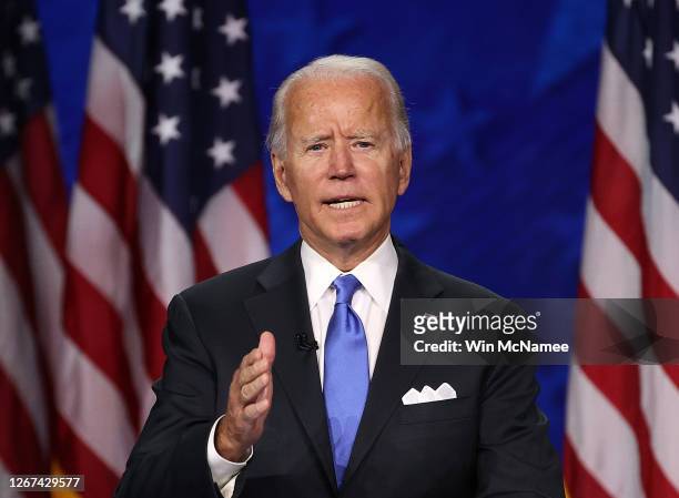Democratic presidential nominee Joe Biden speaks on the fourth night of the Democratic National Convention from the Chase Center on August 20, 2020...