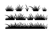 Black silhouette grass vector, horizontal border. Set of elements for design, meadow, field, plants. The illustration is isolated on a white background