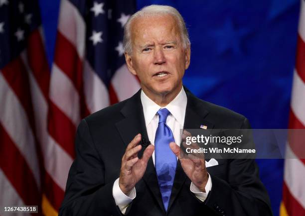 Democratic presidential nominee Joe Biden delivers his acceptance speech on the fourth night of the Democratic National Convention from the Chase...