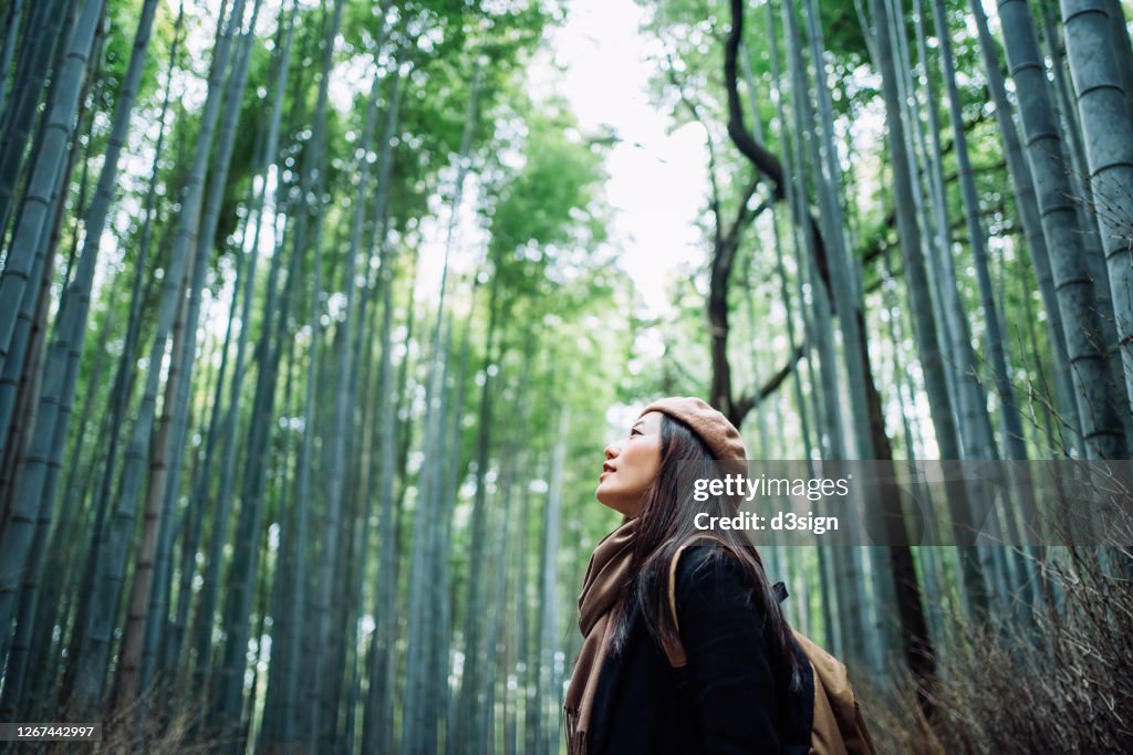 Young Asian female backpacker enjoying in nature. Taking a deep breath of fresh air while having a relaxing walk in the bamboo forest in the countryside during the outbreak of coronavirus pandemic