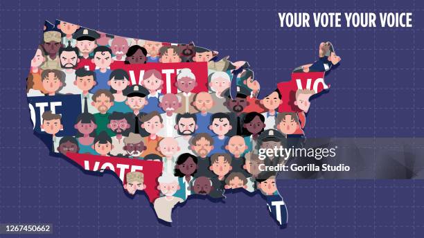 people of american standing together holding voting tickets as banners in geographic shape of america - bright future stock illustrations