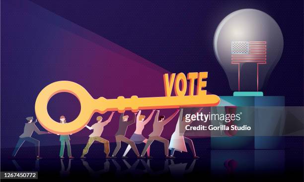 people of us carrying a vote key to unlock the light of usa flag - bright future stock illustrations