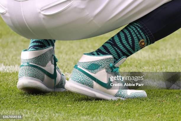 General view of the Nike Air Jordan shoes worn by Taijuan Walker of the Seattle Mariners before their game against the Los Angeles Dodgers at...