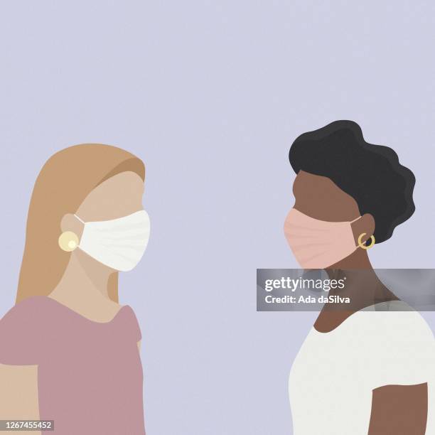 social distance relationship - woman protective face mask stock illustrations