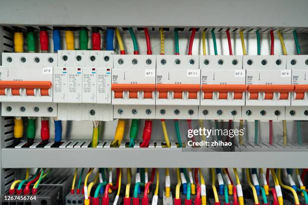 air switch in electrical control cabinet - electrical panel box stock pictures, royalty-free photos & images