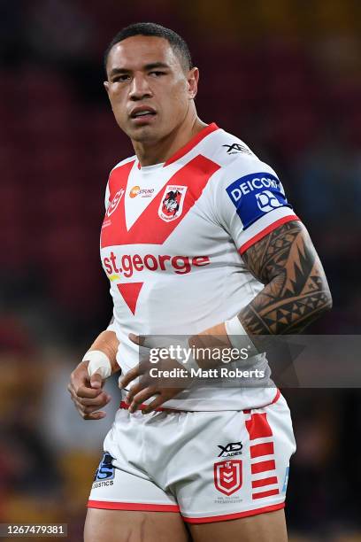 Tyson Frizell of the Dragons looks on during the round 15 NRL match between the Brisbane Broncos and the St George Illawarra Dragons at Suncorp...