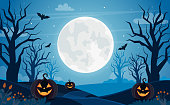 Halloween background with full moon, pumpkins and trees