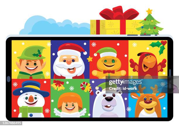 video chatting with christmas friends - smiling-man-at-computer stock illustrations