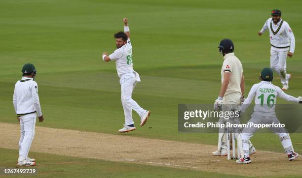 Yasir Shah of Pakistan celebrates after dismissing Dom Sibley of England during the first day of the Third Test match at the Ageas Bowl on August 21,...