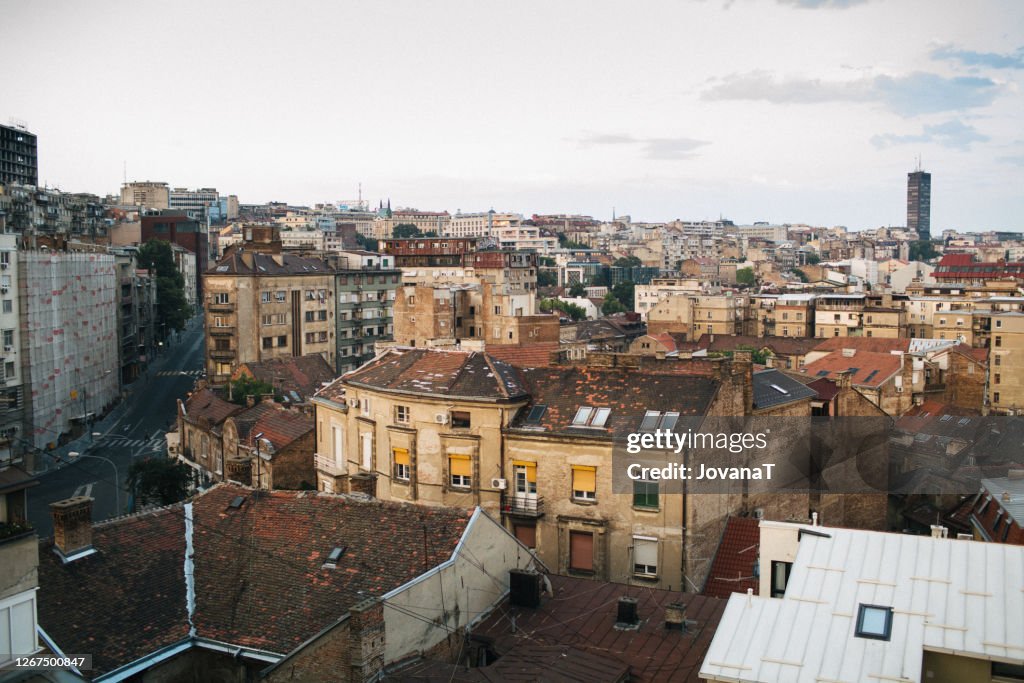 View on Belgrade old facades, roofs, streets and old arhitecture details