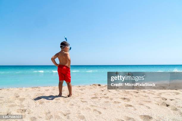 little boy wearing snorkel and getting ready to swim on the beach - red white and blue beach stock pictures, royalty-free photos & images