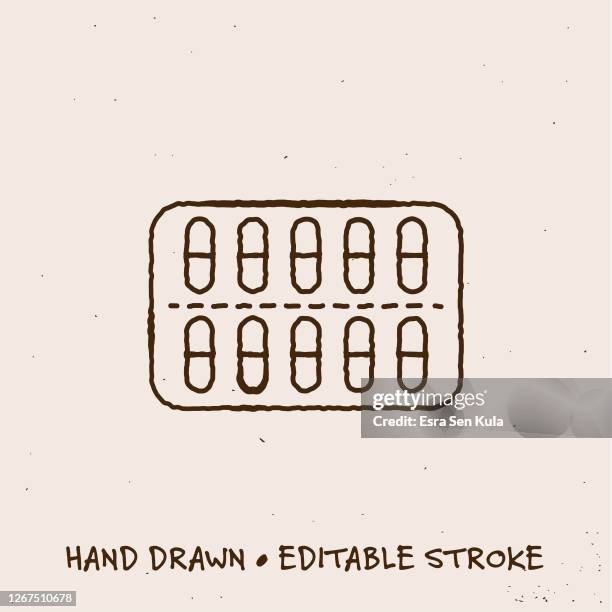 hand drawn pack pills icon with editable stroke - pill pack stock illustrations