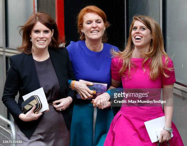 Princess Eugenie, Sarah Ferguson, Duchess of York and Princess Beatrice attend the wedding of Petra Palumbo and Simon Fraser, Lord Lovat at St...