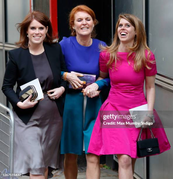 Princess Eugenie, Sarah Ferguson, Duchess of York and Princess Beatrice attend the wedding of Petra Palumbo and Simon Fraser, Lord Lovat at St...