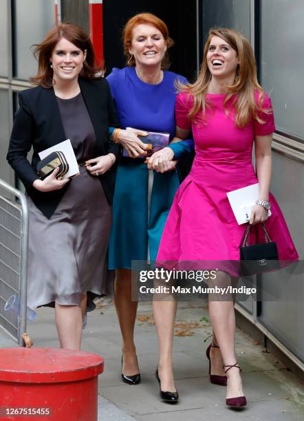 Princess Eugenie, Sarah Ferguson, Duchess of York and Princess Beatrice attend the wedding of Petra Palumbo and Simon Fraser, Lord Lovat at St...