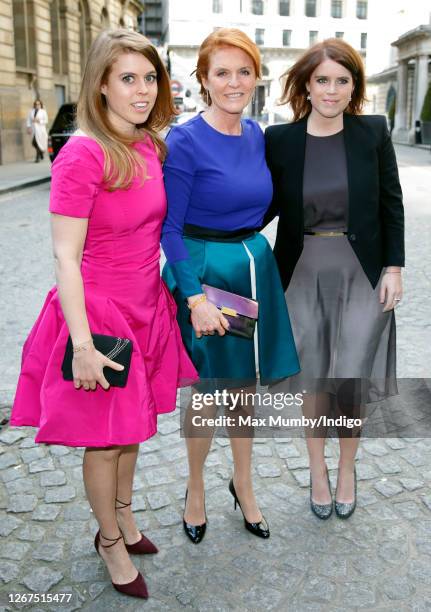 Princess Beatrice, Sarah Ferguson, Duchess of York and Princess Eugenie attend the wedding of Petra Palumbo and Simon Fraser, Lord Lovat at St...