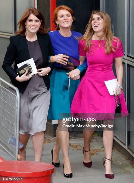 Princess Eugenie, Sarah Ferguson, Duchess of York and Princess Beatrice attend the wedding of Petra Palumbo and Simon Fraser, Lord Lovat at St...