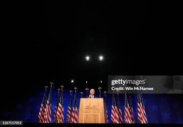 Democratic presidential nominee Joe Biden delivers his acceptance speech on the fourth night of the Democratic National Convention from the Chase...