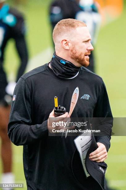 Carolina Panthers Offensive Coordinator Joe Brady during the Carolina Panthers Training Camp at Bank of America Stadium on August 21, 2020 in...