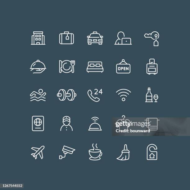 stockillustraties, clipart, cartoons en iconen met bewerkbare lijn van hotellijnpictogrammen - hostel