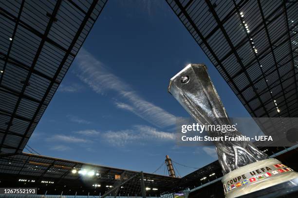 View of the UEFA Europa League Trophy is seen inside the stadium prior to during the UEFA Europa League Final between Seville and FC Internazionale...