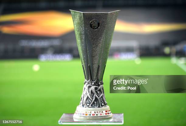 Detailed view of the UEFA Europa League Trophy is seen prior to the UEFA Europa League Final between Seville and FC Internazionale at...
