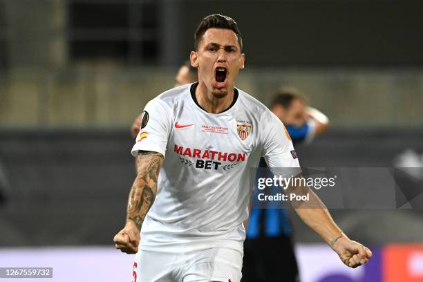 Lucas Ocampos of Sevilla celebrates after teammate Luuk de Jong scores his team's first goal during the UEFA Europa League Final between Seville and...