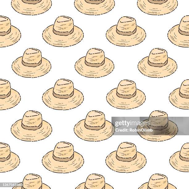 stockillustraties, clipart, cartoons en iconen met straw hat naadloos patroon - hoed met rand