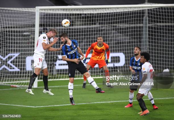 Luuk de Jong of Sevilla FC scores his team's second goal during the UEFA Europa League Final between Seville and FC Internazionale at...